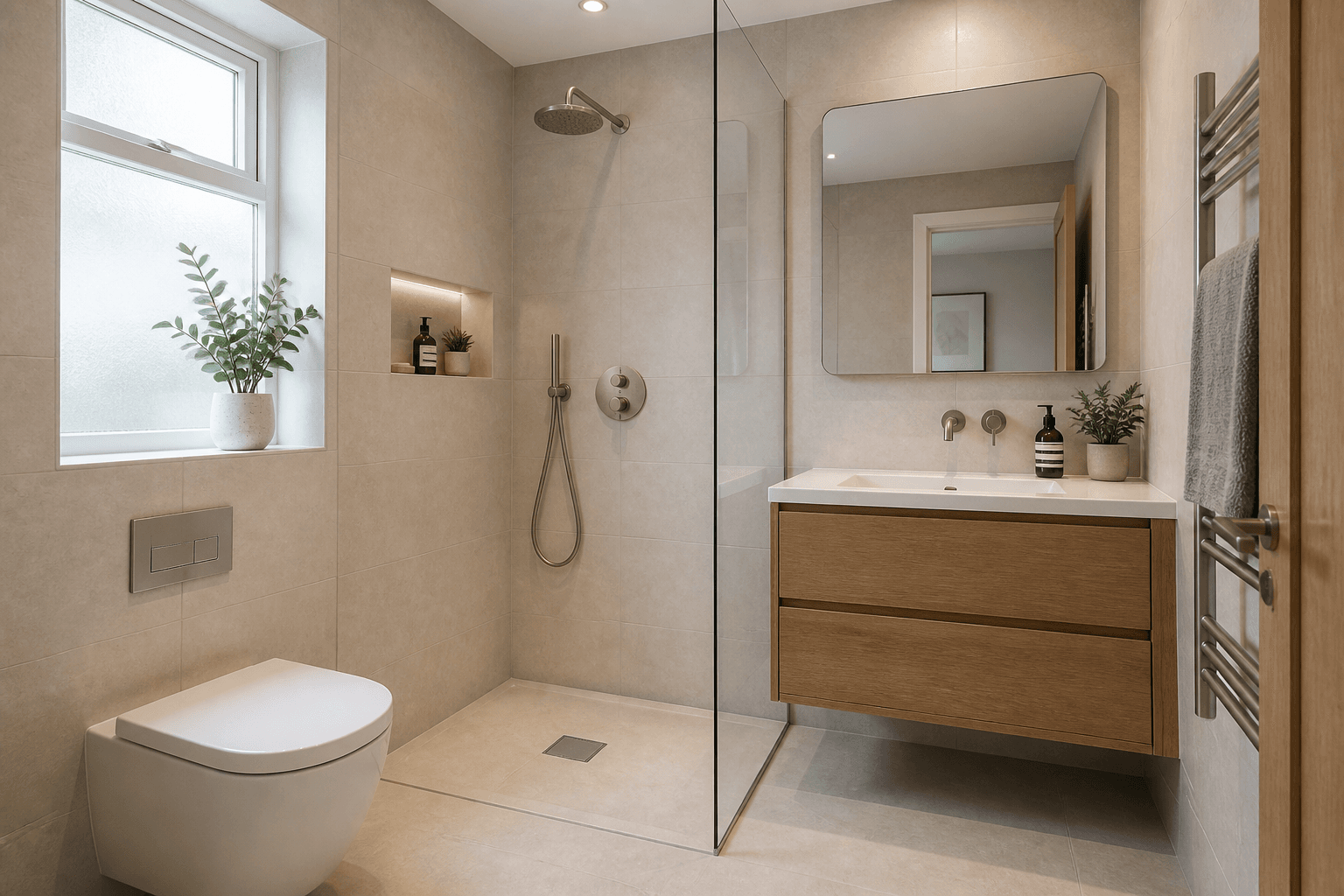 A completed warm neutral bathroom by the fictional Oak & Stone demo business